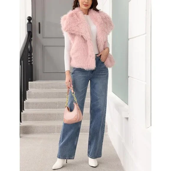 Women's Pink Faux Fur Vest Lapel Collar Sleeveless Furry Jacket Shaggy Warm - Picture 6 of 7